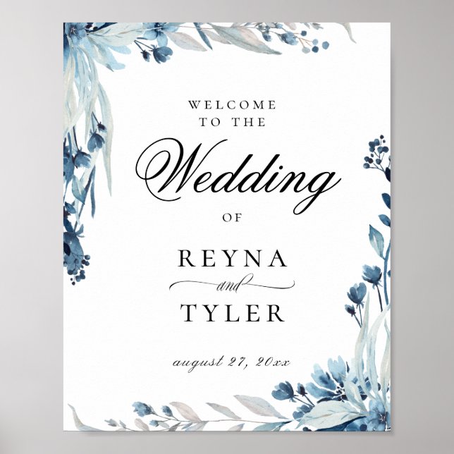 Elegant Blue Botanical Floral Wedding Welcome Poster (Front)
