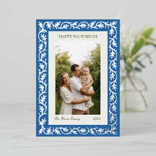 Elegant Blue Botanical Hanukkah Family Photo Card