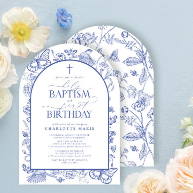 Elegant Blue Botanical Holy Baptism & 1st Birthday Invitation (Creator Uploaded)