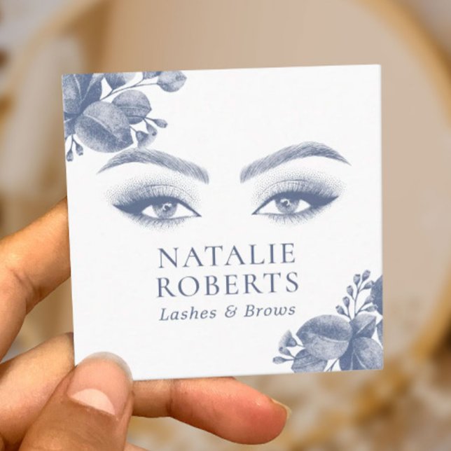 Elegant Blue Botanical Lashes & Brows Beauty Salon Square Business Card (Creator Uploaded)