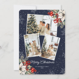 Elegant Blue Botanical Photo Christmas Card