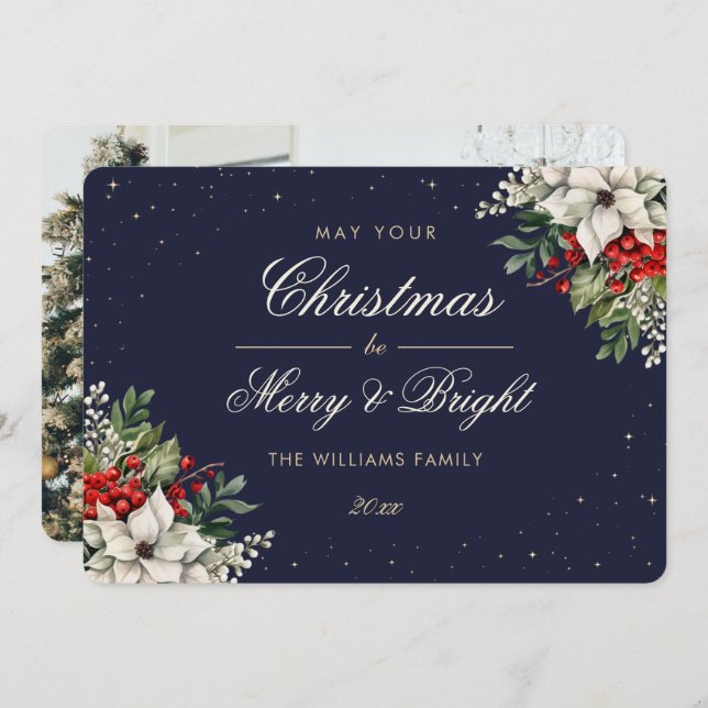 Elegant Blue Botanical Photo Christmas Holiday Card (Front/Back)