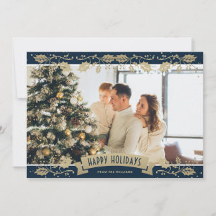 Elegant Blue Botanical Photo Happy Holidays Card