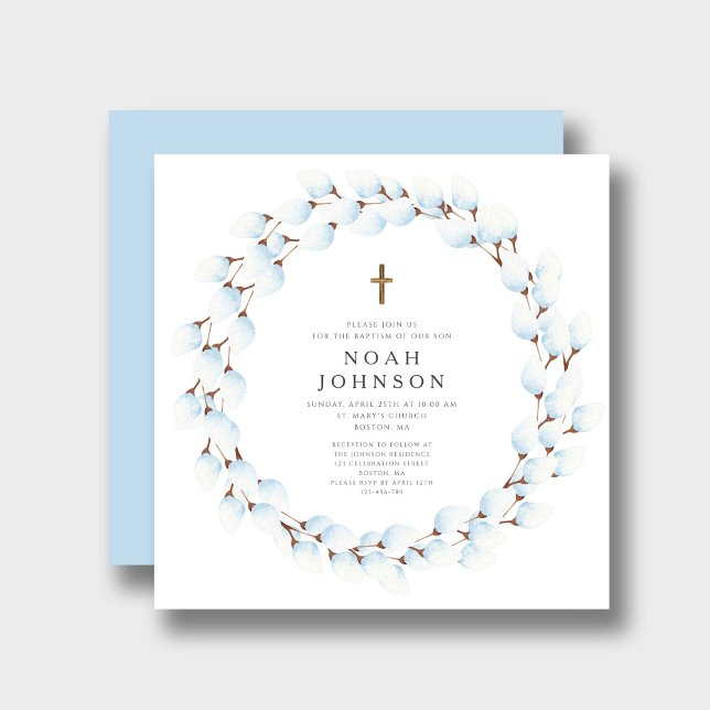 Elegant Blue Botanical Religious Boy Baptism  Invitation (Elegant Blue Botanical Religious Boy Baptism Invitation)