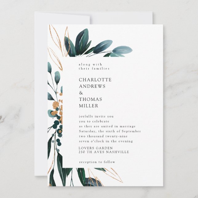 Elegant Blue Botanical Trending Wedding  Invitation (Front)