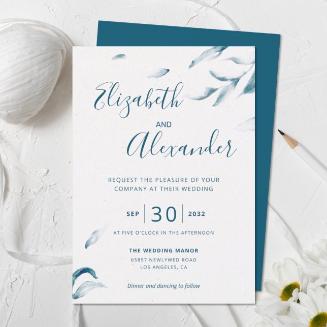 Elegant blue botanical watercolor simple wedding i invitation (Creator Uploaded)