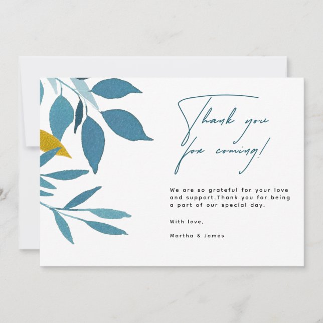Elegant Blue Botanical  Wedding Thank You Card  (Front)