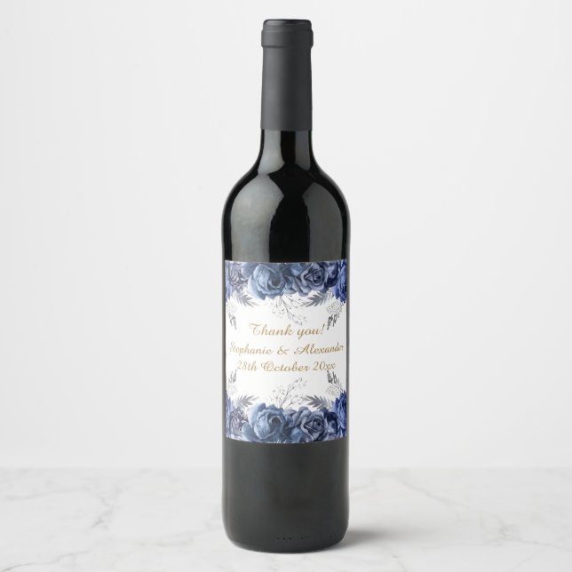 ELEGANT BLUE BOUQUET FLORAL CUSTOMIZABLE WINE LABEL (Front)