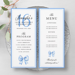 Elegant Blue Bow 16th Birthday Party Program Menu  Invitation