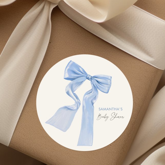 Elegant Blue Bow Baby Shower Classic Round Sticker (Creator Uploaded)