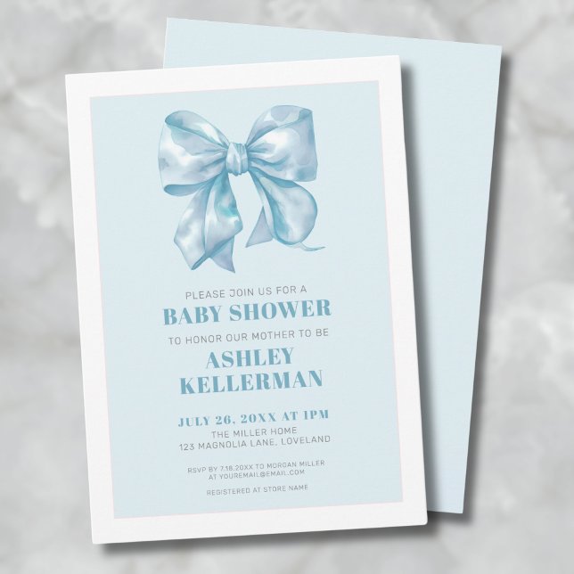 Elegant Blue Bow Baby Shower Invitation (Blue Bow Baby Shower Invitation)