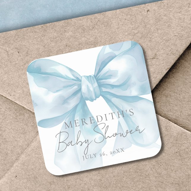 Elegant Blue Bow Baby Shower Square Sticker (Elegant Blue Bow Baby Shower Square Sticker)