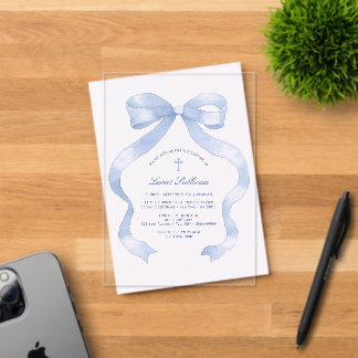Elegant Blue Bow Baptism Acrylic Invitations
