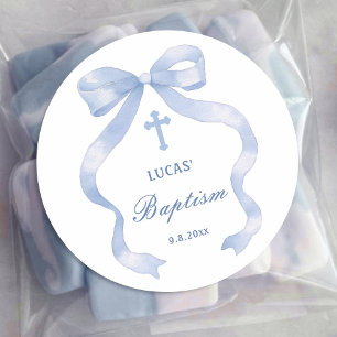 Elegant Blue Bow Baptism Classic Round Sticker