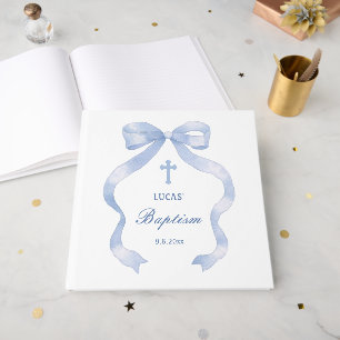Elegant Blue Bow Baptism Guest Book