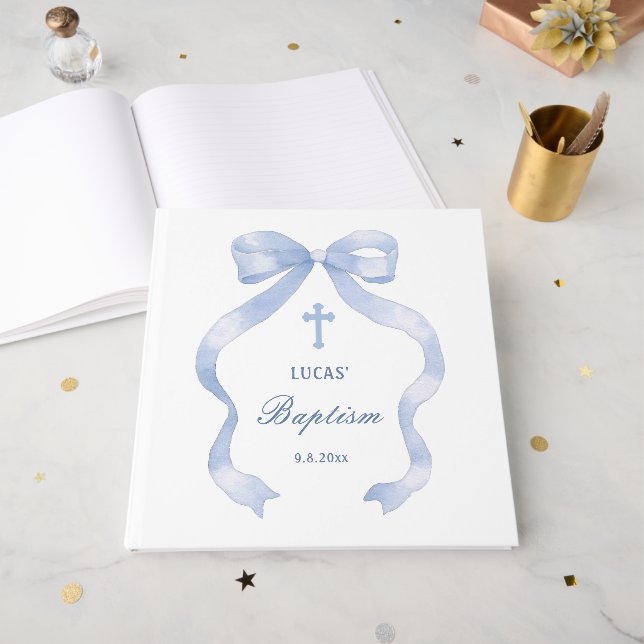 Elegant Blue Bow Baptism Guest Book (Front Open)