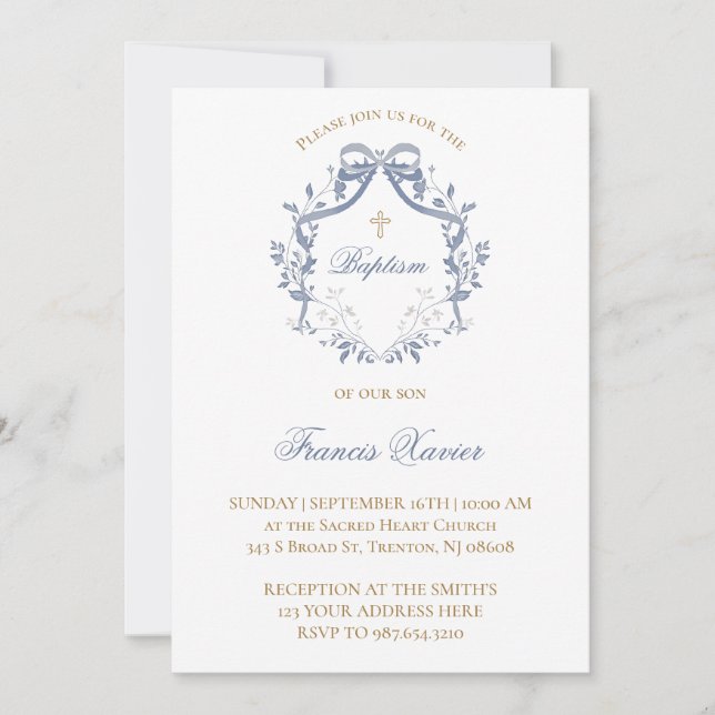 elegant blue bow | Baptism Invitation (Front)