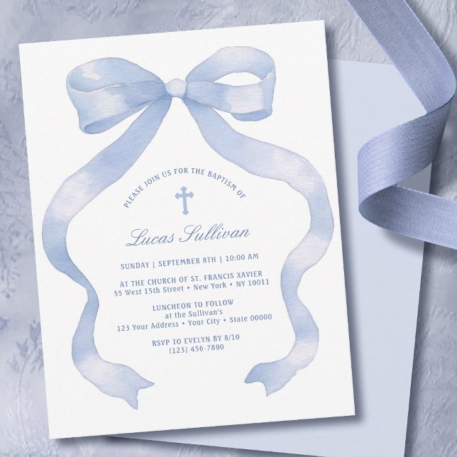Elegant Blue Bow Baptism Invitation (Creator Uploaded)