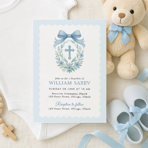Elegant Blue Bow Baptism Invitation for Boy