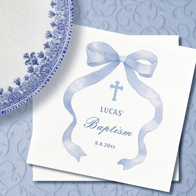 Elegant Blue Bow Baptism Napkin (Creator Uploaded)