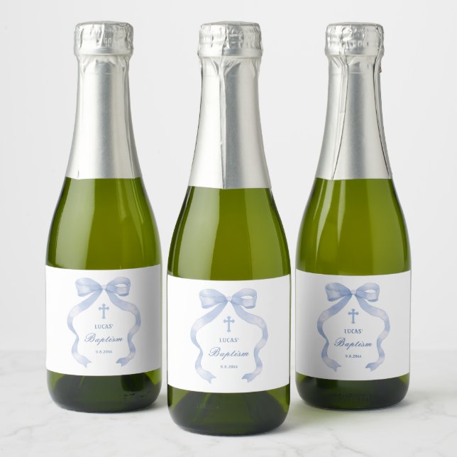 Elegant Blue Bow Baptism Sparkling Wine Label (Bottles)