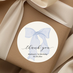 Elegant Blue Bow Birthday Thank you Classic Round Sticker