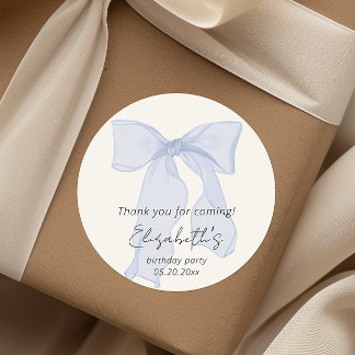 Elegant Blue Bow Birthday Thank you Classic Round Sticker