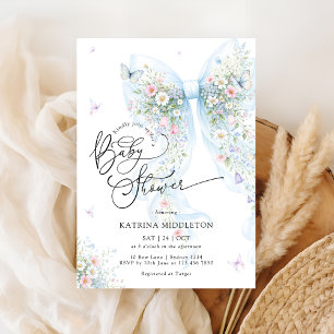 Elegant Blue Bow Bloom Butterfly Baby Shower Invitation