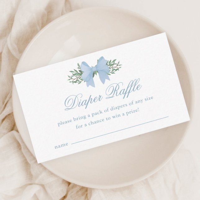Elegant Blue Bow Boy Baby Shower Diaper Raffle Enclosure Card (Elegant blue bow greenery baby shower diaper raffle enclosure cards.)