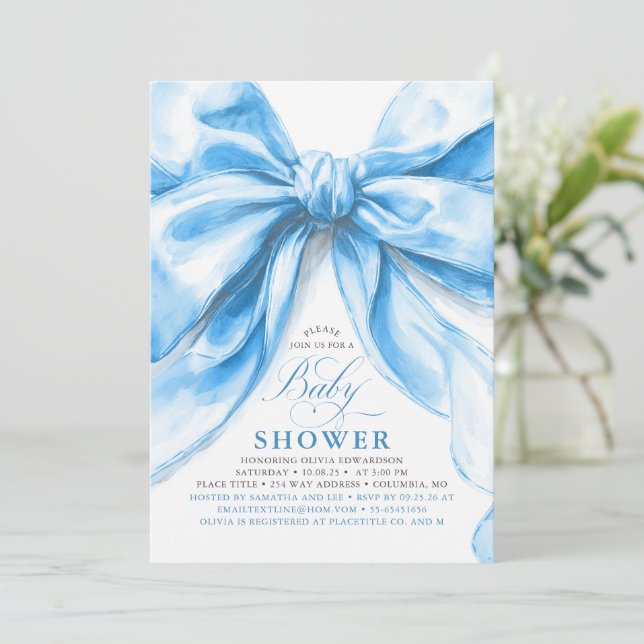 Elegant Blue Bow Boy Baby Shower Invitation (Standing Front)