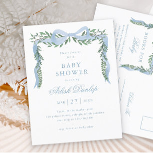 Elegant Blue Bow Boy Baby Shower Invitation Postcard