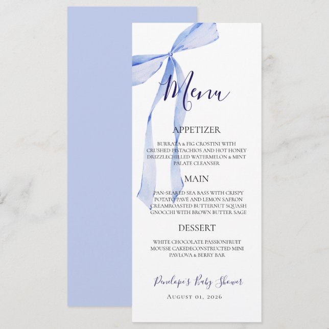 Elegant Blue Bow Boy Baby Shower Menu Card   (Front/Back)