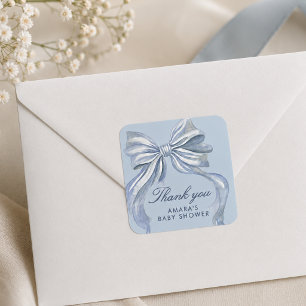 Elegant Blue Bow Boy Baby Shower Thank You Square Sticker