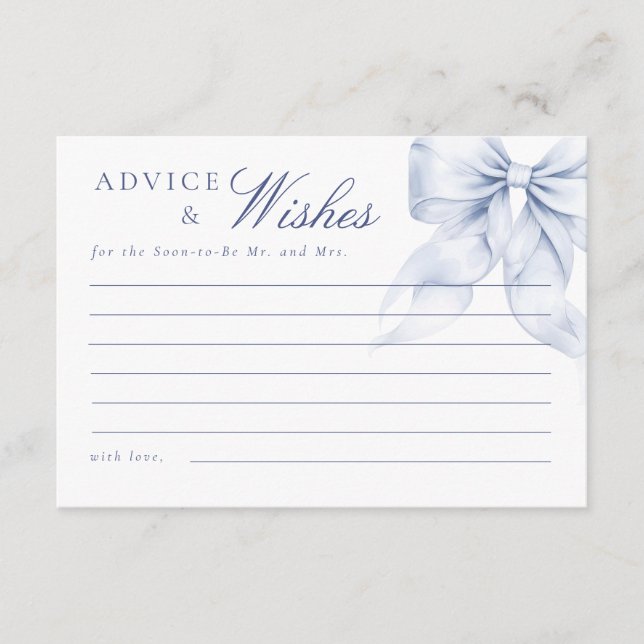 Elegant Blue Bow Bridal Shower Advice Cards (Front)