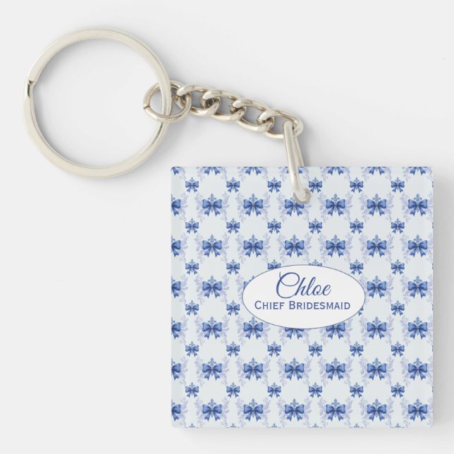 Elegant Blue Bow Bridal Shower Key Ring (Front)