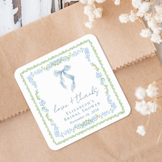 Elegant Blue Bow Bridal Shower Thank You Square Sticker (Elegant Blue Bow Bridal Shower Thank You Square Sticker)