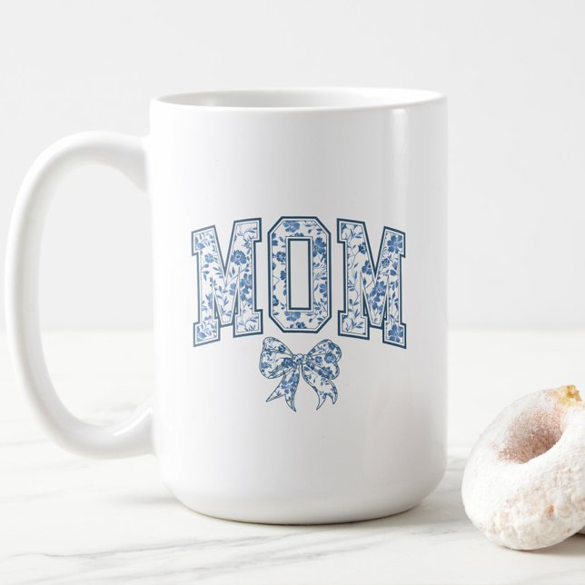 Elegant Blue Bow Chinoiserie Mum  Coffee Mug (Elegant Blue Chinoiserie Mom Mug, Mother's Day Gift, New Mom, Trendy, Mom to Be, Baby Shower Chic)