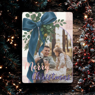 Elegant Blue Bow Christmas Two Photo Holiday Card