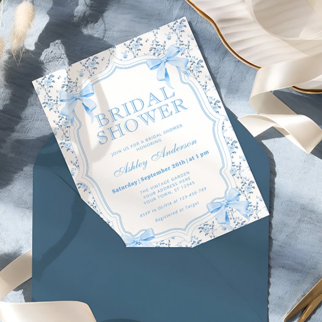 Elegant Blue Bow Coquette Bridal Shower Invitation (Creator Uploaded)