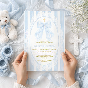 Elegant Blue Bow & Cross Boy Baptism Invitation