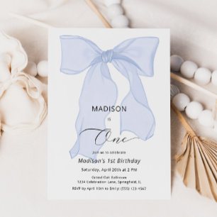 Elegant Blue Bow First Birthday Invitation