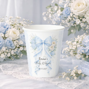 Elegant Blue Bow Floral Baby Shower Paper Cups