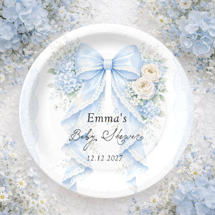 Elegant Blue Bow Floral Boy Baby Shower Paper Plate