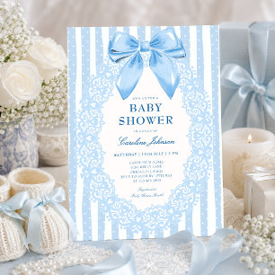 Elegant Blue Bow Floral Lace Baby Shower  Invitation
