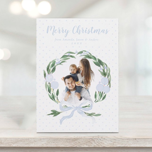 Elegant Blue Bow Garland Wreath Photo Christmas Ho Holiday Card (Creator Uploaded)