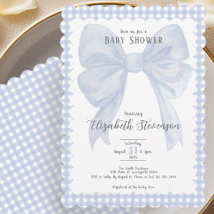 Elegant Blue Bow Gingham Baby Shower Invitation