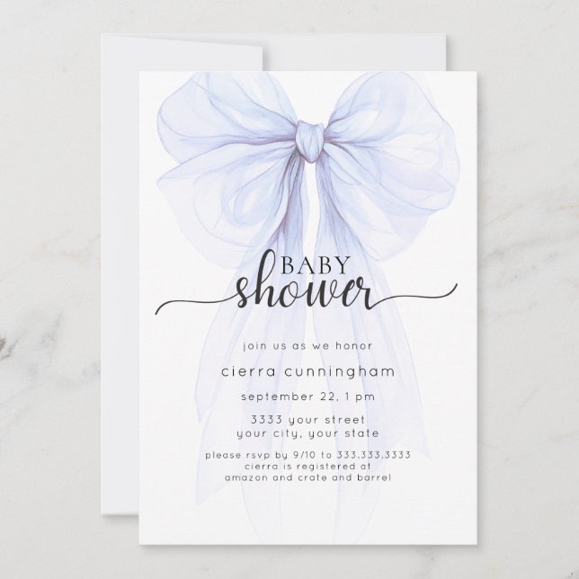 Elegant Blue Bow Minimal Baby Shower Invitation (Front)