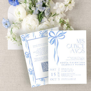 Elegant Blue Bow Mis Quince Años QR Quinceañera  Invitation