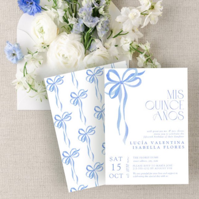 Elegant Blue Bow Mis Quince Años Quinceañera  Invitation (Creator Uploaded)
