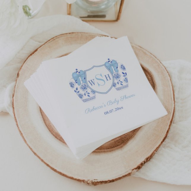 Elegant Blue Bow Monogram Boy Baby Shower Party Napkin (Elegant ginger jar monogram crest napkins for a baby boy shower)